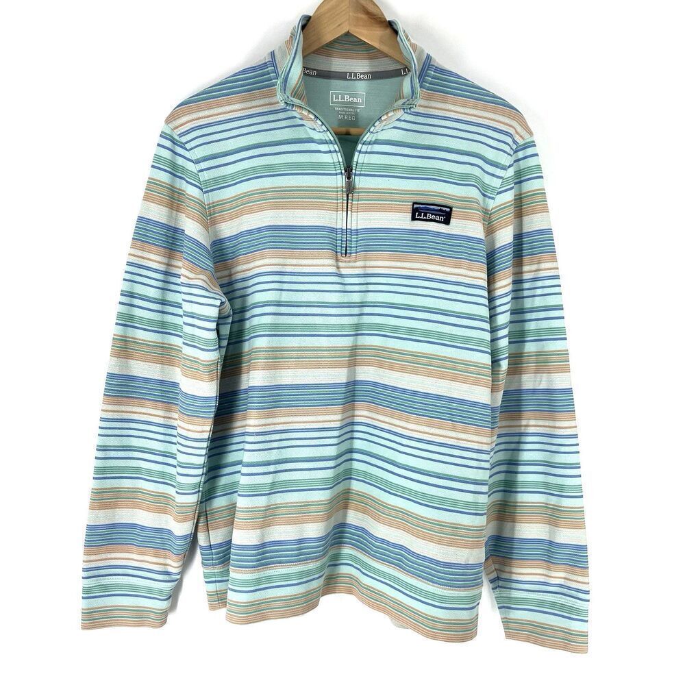 LL Bean Shirt Size Medium Men Teal Comfort Stretch Pique 1/4 Zip Stripe Pullover